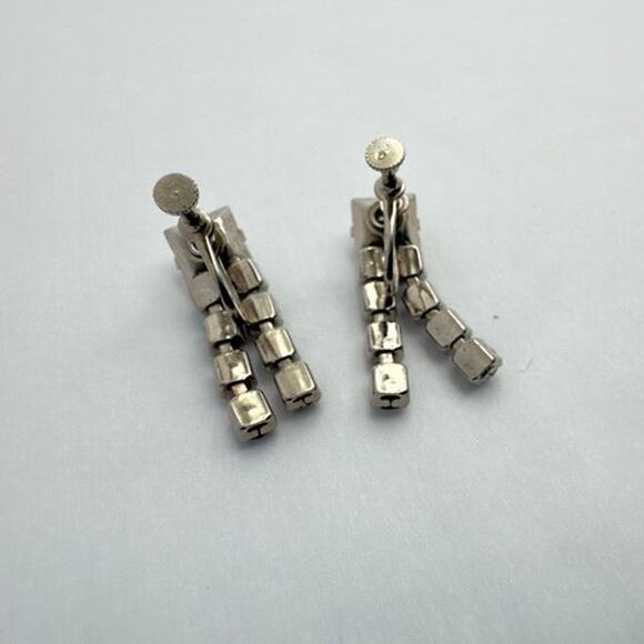 Vintage 30s Art Deco Rhinestone Earrings Silver Tone Screw Back Cascade - Picture 4 of 7